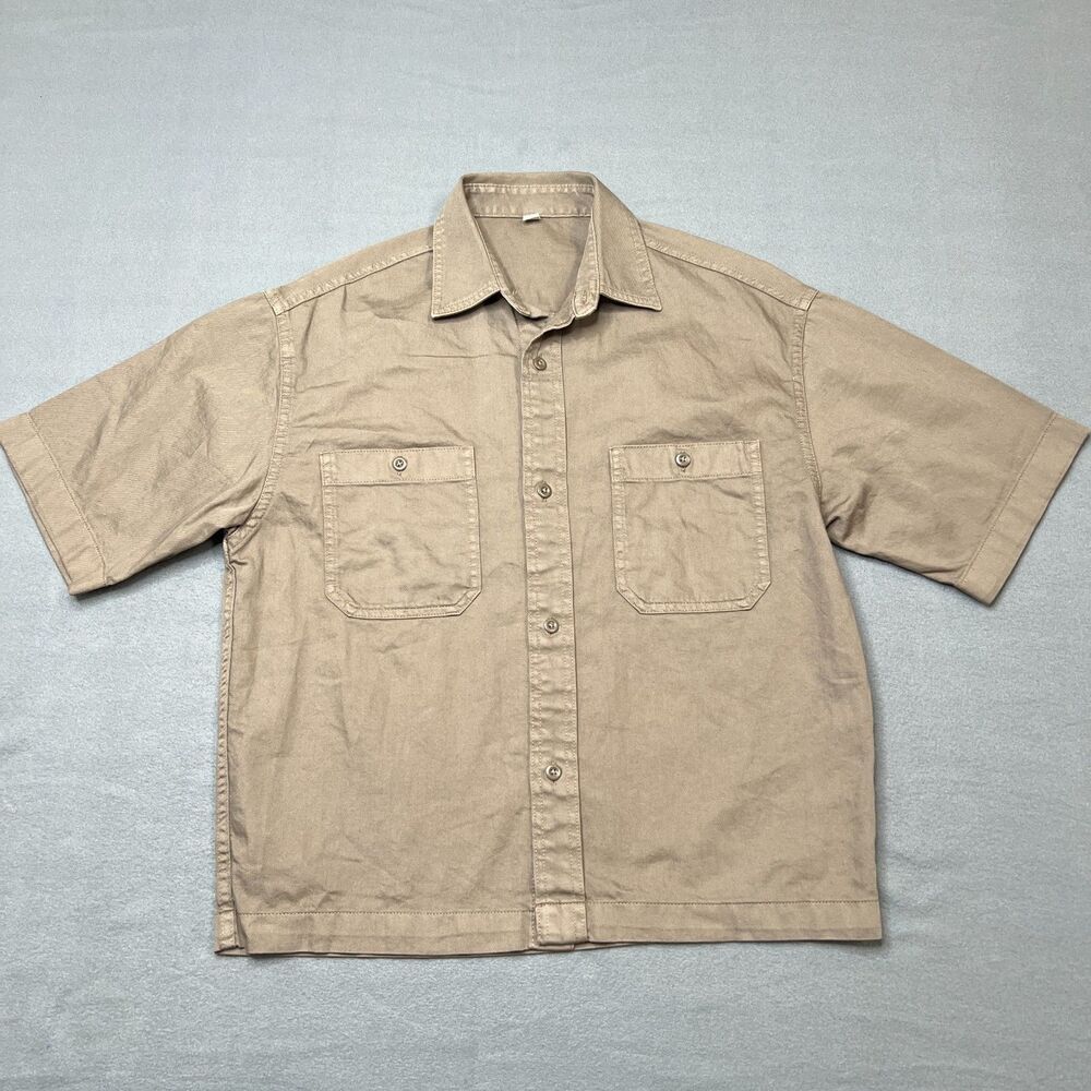 GU Crop Work Shirt Mens Small Tan 100% Cotton Twill Collared Short Sleeve Button